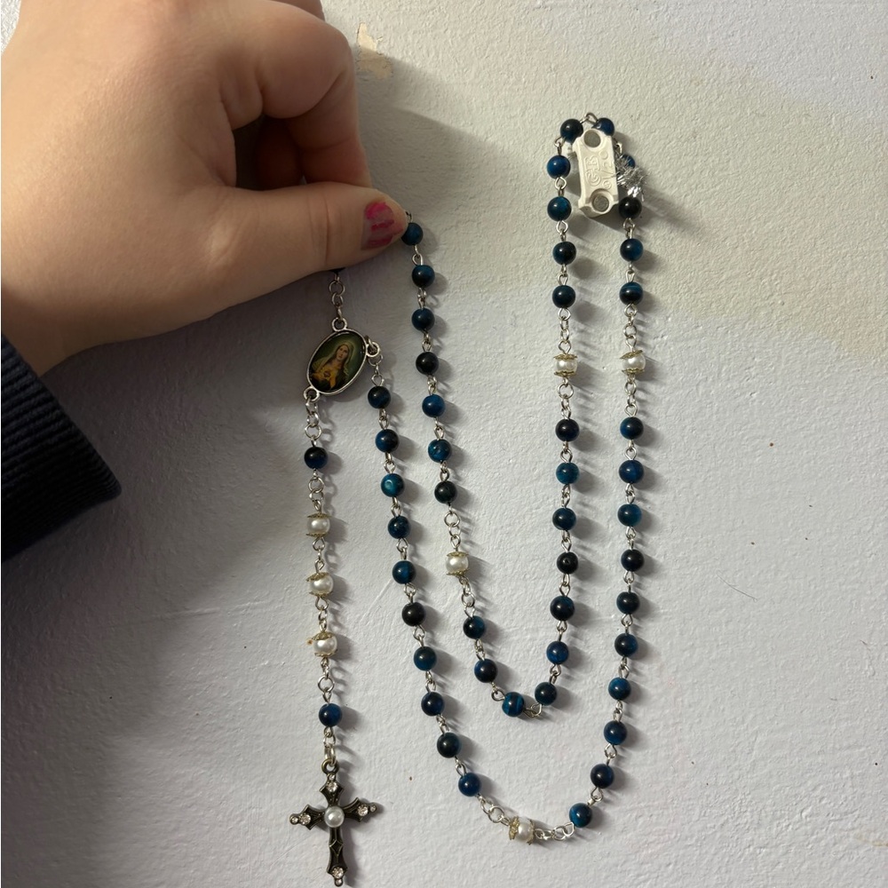 Elegant Blue and Silver Rosary Necklace